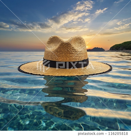 Straw hat floating in the sea at dusk 116205818
