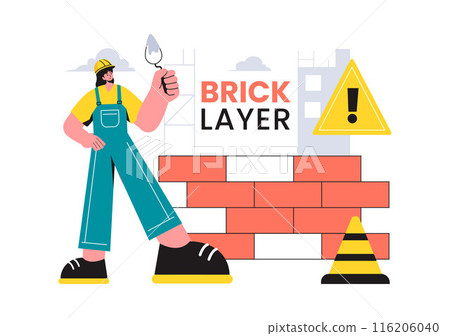Vector Illustration of a Bricklayer Worker with People Constructing and Laying Bricks to Build a Wall in a Flat Cartoon Background 116206040