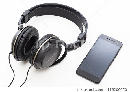 Headphones and smartphone on white background Headphones and smartphone on white background 116206050