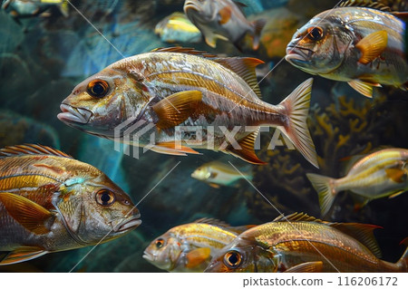 A close-up of a school of fish swimming in a tank, with the water shimmering in the background 116206172