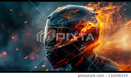burning motorbike helmet, apocalyptic picture symbolizing the speed and lifestyle of motorcyclist 116206243