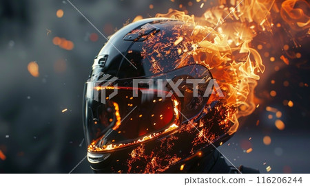 burning motorbike helmet, apocalyptic picture symbolizing the speed and lifestyle of motorcyclist 116206244