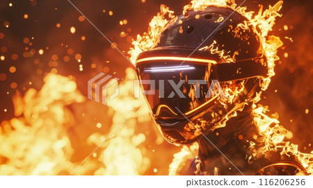 burning motorbike helmet, apocalyptic picture symbolizing the speed and lifestyle of motorcyclist 116206256