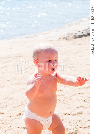 Baby walking on beach with arms outstretched 116206372