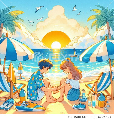 情侶在海灘上看日落 情侶在海灘上看日落 116206895