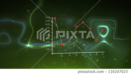 Image of statistical data processing over digital waves and light sparks on green background Image of statistical data processing over digital waves and light sparks on green background 116207025
