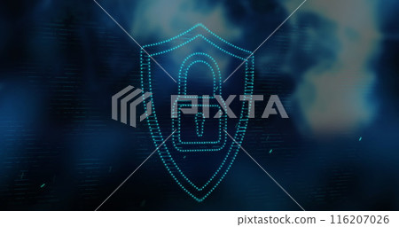 Image of light spots moving over security padlock icon against blue glowing digital waves 116207026