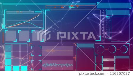 Image of interface with data processing and plexus networks against purple gradient background Image of interface with data processing and plexus networks against purple gradient background 116207027