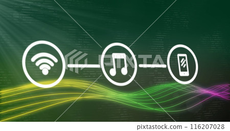 Image of network of digital icons and neon digital icons against light spot on green background 116207028