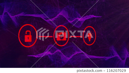 Image of network of digital icons, digital wave and network of connections on purple background 116207029