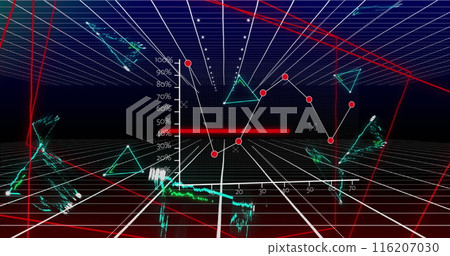 Image of statistical data processing and plexus networks over grid network on black background Image of statistical data processing and plexus networks over grid network on black background 116207030