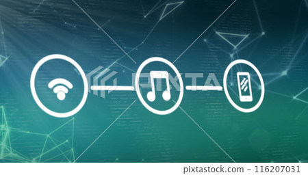 Image of network of connections and digital icons against green gradient background 116207031