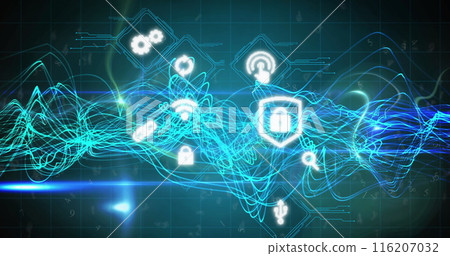 Image of digital icons, digital wave, light spot and data processing against blue background Image of digital icons, digital wave, light spot and data processing against blue background 116207032