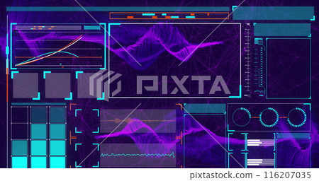 Image of interface with data processing and digital wave against purple background Image of interface with data processing and digital wave against purple background 116207035