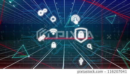 Image of digital icons and plexus networks over grid network on blue background Image of digital icons and plexus networks over grid network on blue background 116207041