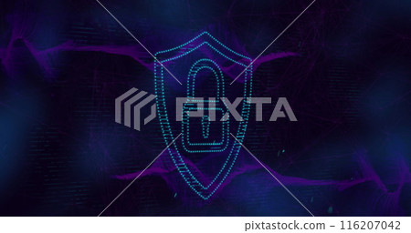 Image of security padlock icon, light spot and purple digital waves against black background Image of security padlock icon, light spot and purple digital waves against black background 116207042