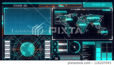 Image of interface with spinning globe, world map and data processing on blue background 116207045