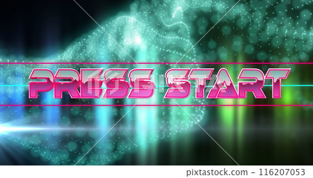 Image of press start text banner and digital wave against colorful light trails Image of press start text banner and digital wave against colorful light trails 116207053