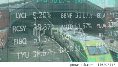 Image of stock market data processing against aerial view of running train on the track 116207147