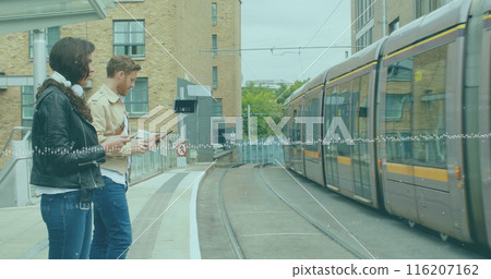 Image of financial data processing over diverse people in city 116207162