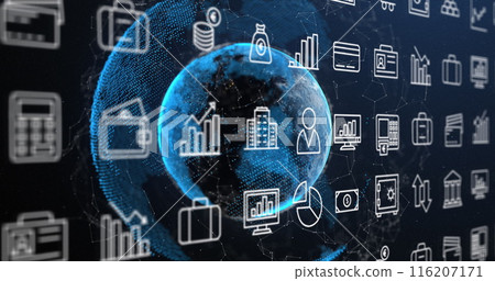 Image of multiple digital icons and network of connections over a globe against blue background Image of multiple digital icons and network of connections over a globe against blue background 116207171