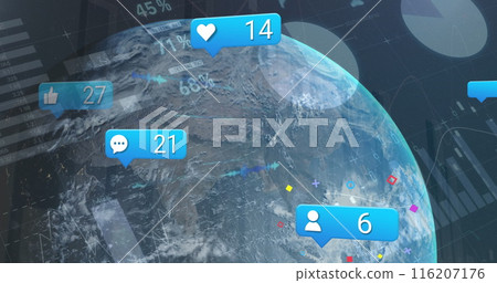 Image of social media icons and statistical data processing over a globe against blue background Image of social media icons and statistical data processing over a globe against blue background 116207176