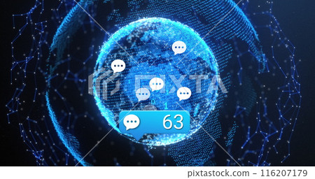 Image of social media icons over globe of network of connections against blue background Image of social media icons over globe of network of connections against blue background 116207179