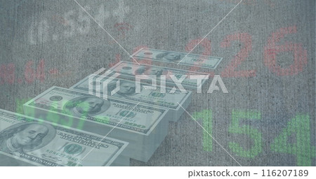 Image of stock market data processing over stack of dollar bills against grey background 116207189
