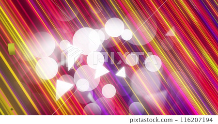Image of golden confetti falling over spots of light and colorful light trails Image of golden confetti falling over spots of light and colorful light trails 116207194