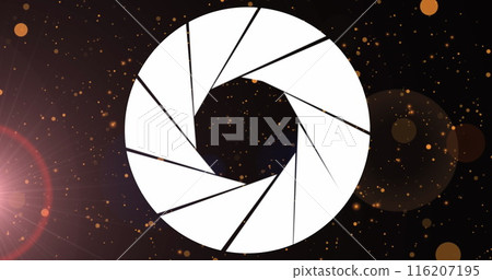 Image of lens diaphragm icon over orange spots and spots of light against black background Image of lens diaphragm icon over orange spots and spots of light against black background 116207195