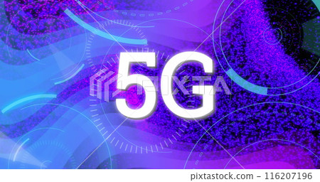 Image of 5g text banner, round scanners and purple digital wave on black background 116207196