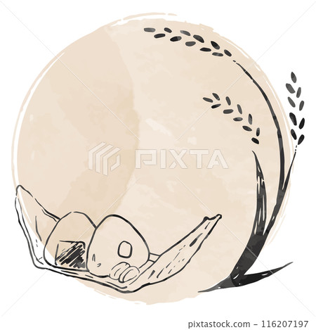 一套 sumi-e 風格的米飯和飯糰，水彩圓形框架，手繪 116207197
