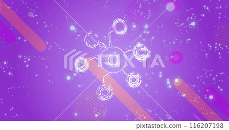 Image of network of digital icons and glowing spots against purple background 116207198