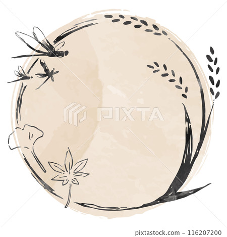 稻、蜻蜓、銀杏和秋葉的圓形框架，墨水風格，水彩框架，手繪 116207200