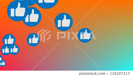 Image of network of thumbs up icons over orange to blue background Image of network of thumbs up icons over orange to blue background 116207217