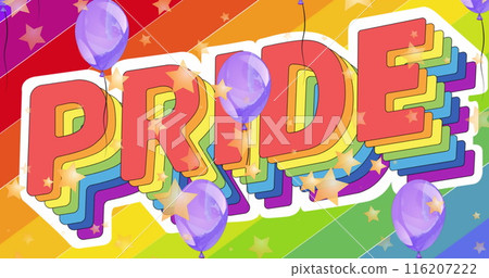 Image of pride text over balloons and rainbow background 116207222