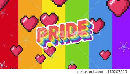 Image of pride text over hearts and rainbow background 116207225