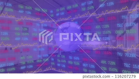 Image of globe over trading board against empty warehouse in background 116207279