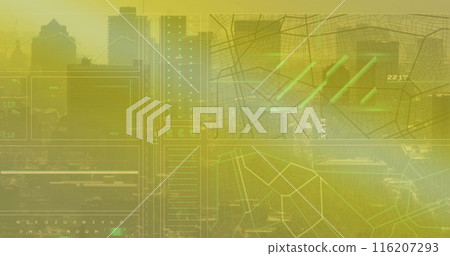 Image of loading circles, lines and navigation pattern over modern city against sky Image of loading circles, lines and navigation pattern over modern city against sky 116207293