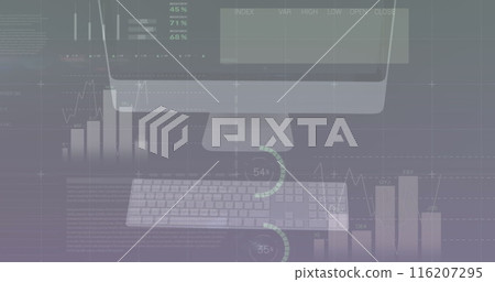 Image of infographic interface over overhead view of desktop and keyboard on table 116207295