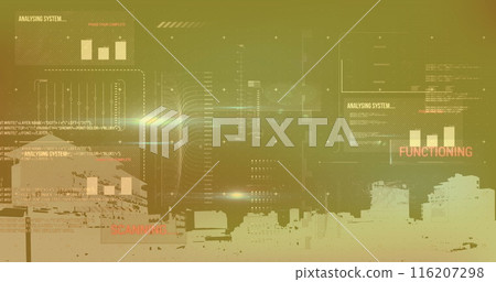 Image of texts, graphs, loading bars, moving lines, modern buildings against black background 116207298