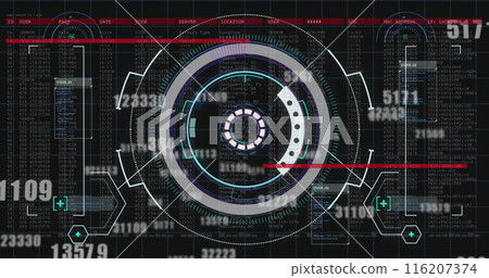 Image of multiple changing numbers over interface with round scanner and data processing Image of multiple changing numbers over interface with round scanner and data processing 116207374