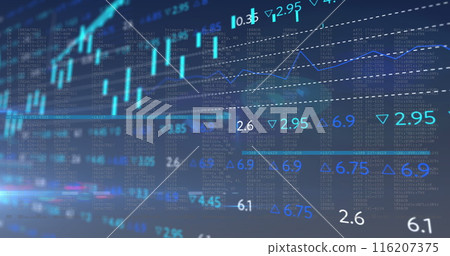 Image of statistical and stock market data processing against blue background Image of statistical and stock market data processing against blue background 116207375