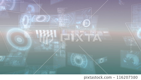 Image of multiple round scanners and data processing against gradient background 116207380