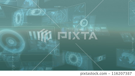 Image of round scanners and data processing against grey background Image of round scanners and data processing against grey background 116207387