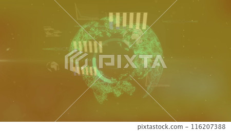 A digitally generated image of a globe with various statistics and data processing going on in the b 116207388