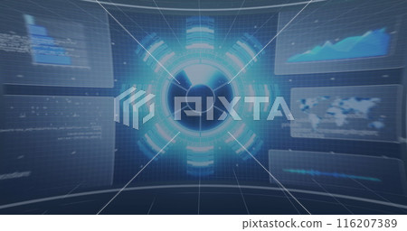 Image of screens with data processing against blue background Image of screens with data processing against blue background 116207389