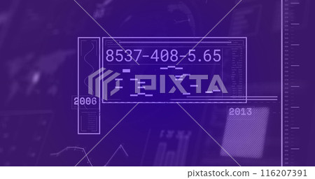 Image of interface with data processing over globe and world map against blue background 116207391