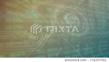 Image of financial data processing over computer circuit board 116207402