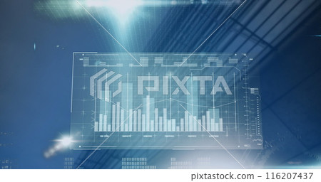 Image of interface with data processing and light spot against low angle view of tall building 116207437